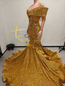 Ocstrade MOQ 1 PZ Abito <span class=keywords><strong>da</strong></span> <span class=keywords><strong>Sera</strong></span> Aderente Dorato Fatto a Mano per <span class=keywords><strong>Donna</strong></span> con Applicazioni in Strass Personalizzato con Lungo Strascico Arancione Elegante Abito <span class=keywords><strong>da</strong></span> Cerimonia - Product Image 5