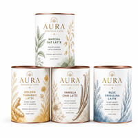 Boîte ronde en fer blanc de qualité alimentaire imprimée sur mesure pour l'emballage de poudre de latte botanique avec couvercle coulissant, mélange de boisson végétale