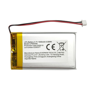 แบตเตอรี่ลิเธียมโพลิเมอร์แบบชาร์จไฟได้ความจุสูง LP583458 3.7V 1500mAh PCB รวมขั้วต่อ JST - Product Image 1