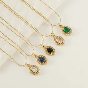 High Quality Luxury 18K Gold Plated Stainless Steel Green Blue Gemstone Women CZ Zircon Heart Shape Pendant Necklace Jewelry