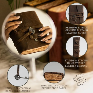 Vintage Leather Grimoire Journal with Skeleton Key Deckle Edge Paper <b>Book</b> of Shadows, Antique Spell Writing Notebooks - Product Image 3