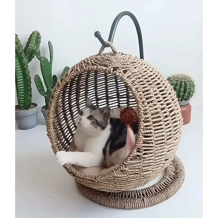 Hand Made Wicker Hanging cat Basket Swinging Pet House Nest Nest Cat Bed for Small Dog Cat with Cushion Rattan