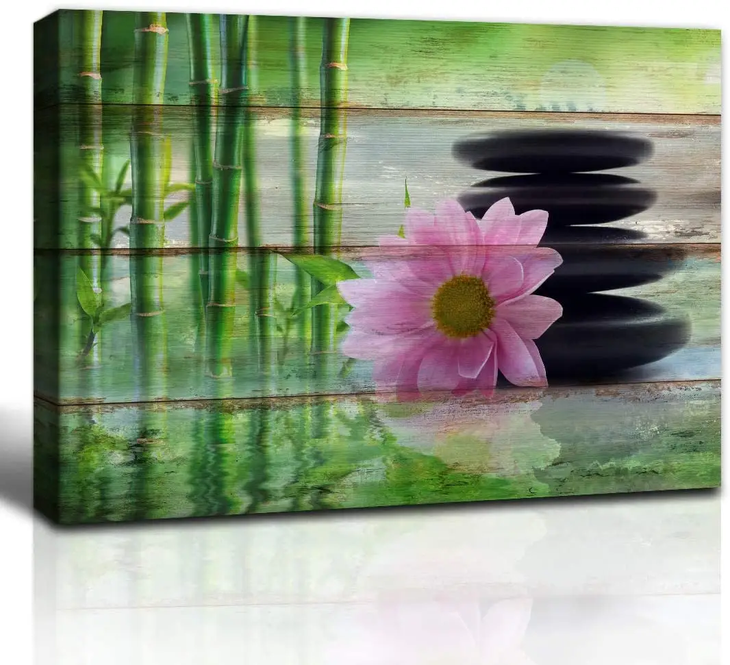 Prodotti di vendita caldi 2022 Zen Canvas Painting Wall Art Pink Lotus Flower Green Bamboo e Black Stone Wall Art Canvas