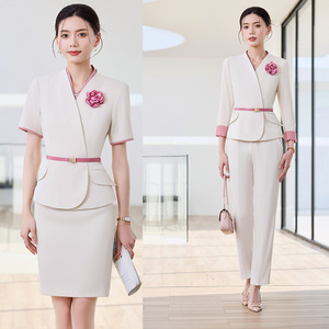 Hotel Uniforms Women Elegant Two Piece Suit With Pink Flower Embellishment For Receptionist Workwear Spring 2025 - Product Image 1