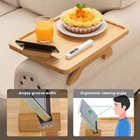 Table d'appoint pliable en bambou pour canapé, à clipser sur le bras, avec rotation à 360° ° Support de téléphone rotatif antidérapant avec plateaux pour aliments