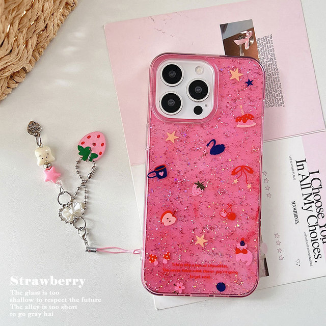 Luxury Glitter with Strawberry Charm Phone Case for iPhone 17 16 15 14 13 12 11 Pro Max Cute Girly Style Pink Shockproof Cover