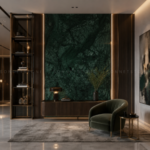 Superbe surface de comptoir en dalle de marbre vert forêt, aux formations minérales naturelles, fond vert intense, élégante et luxueuse - Product Image 5