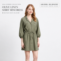 Robe chemise mini élégante personnalisée 100 % polyester sergé uni à manches longues pour femme, boutonnée sur le devant, taille empire, marque privée
