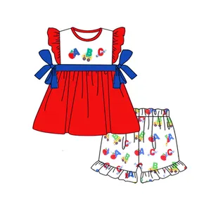 Conjuntos de roupas infantis com babado abc para meninas, roupas pré-pedidas personalizadas para as escolas, roupas boutique para meninas