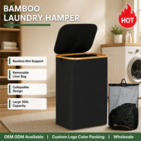Grand panier à linge noir de 100 L avec couvercle en bambou, doublure en maille amovible, panier à linge pliable, design gain de place
