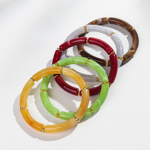 Phong Cách Đá Cẩm Thạch Nhựa <span class=keywords><strong>Bangle</strong></span> Vòng Đeo Tay Màu Sắc Tốt Brass Spacer Tre Bead Acrylic Ống Hạt Vòng Đeo Tay 3 cái/bộ Cho Phụ Nữ - Product Image 1