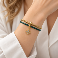 Bracelet double couche pour femme en acier inoxydable plaqué or, chaîne à billes, cordon en cuir tressé, charme trèfle à quatre feuilles en zircon cubique