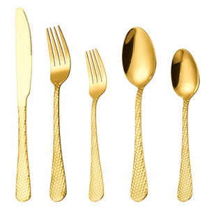 Ensemble de couverts de haute qualité, fourchette, cuillère et couteau, plaqué or, acier inoxydable martelé, pour hôtel et restaurant - Product Image 1
