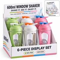 Bouteille shaker pour boisson 600 ml, double paroi, coque intérieure en PC cristallin, coque extérieure en PP, résistante aux chocs, mélangeur de protéines avec boule fouet et échelle en OZ/ML