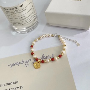 Yinruitai S925 Sterling Silver Pearl <b>Bracelet</b> With Red <b>Beads</b> And Gold Shield Charm For Women Everyday Wear - Product Image 3