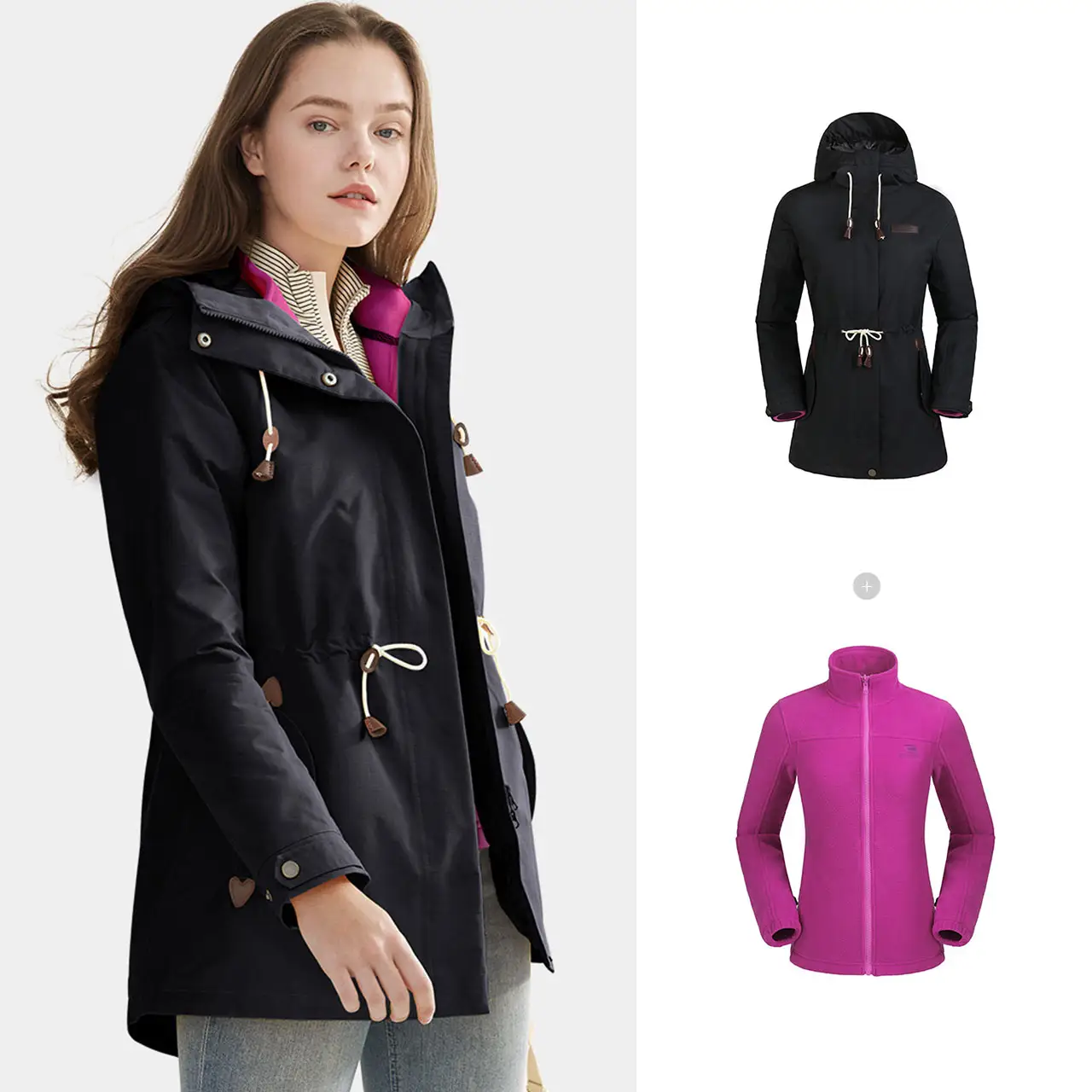 उच्च गुणवत्ता पर्यावरण के अनुकूल महिलाओं के आउटडोर hooded बारिश जैकेट गर्म सांस 3 में 1 निविड़ अंधकार सर्दियों जैकेट