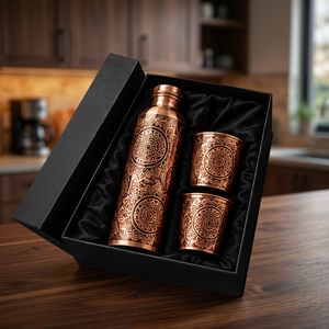 Luxury Copper Water Bottle Set with <b>2</b> <b>Cups</b> Engraved Mandala Oriental Design Portable <b>Flask</b> Gift Box - Product Image 1