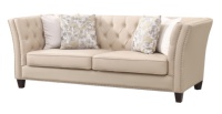 Canapé Chesterfield rectangulaire moderne en velours beige, avec boucle en cristal amovible, une place, coussins capitonnés en peluche, canapé en cuir Nappa et bois