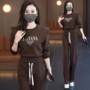 Birvana Women's Casual Sports Suit Set Full Sleeve Knitted Two Piece Apricot Gray Black Coffee - Product Image 2