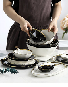 Juego de Vajilla de Cerámica Nórdica con Borde Dorado, Plato para Arroz, Cuchara, Palillos, Estilo Phnom Penh - Product Image 6