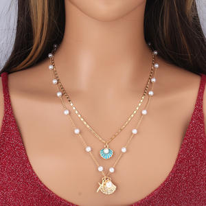 Conjunto de collar en capas con colgante de concha y estrella de mar, cadena de perlas sintéticas, joyería de fiesta para mujer, aleación de zinc, tema oceánico - Product Image 1
