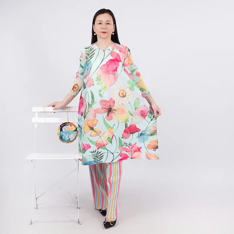 Tianbao Miyake pli vêtements 2023 nouveau imprimé col rond à manches longues tempérament ample grande taille femmes jupe costume