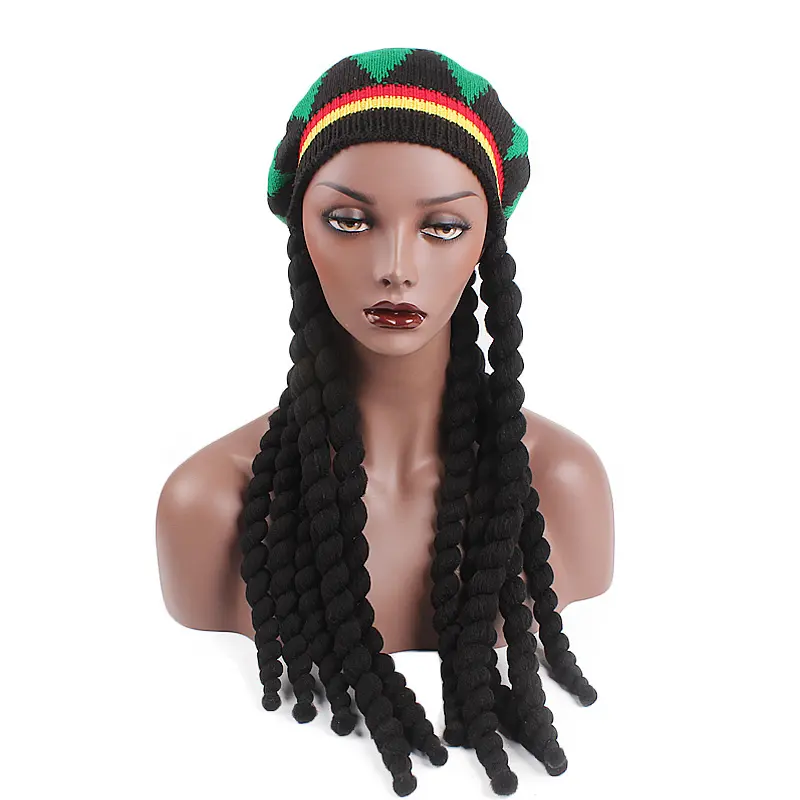 Vente en gros Chapeau Rasta style jamaïcain avec DreadLock Perruque Rasta cheveux longs noirs avec casquette Accessoire de déguisement Rasta pour femmes