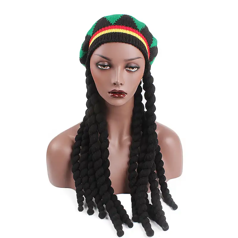 Высокое качество ямайский стиль женские плетеные шляпа с дредлоки, для увеличения объема, длинные черные волосы плетеные парик с капюшоном костюм аксессуар плетеные MXM-05