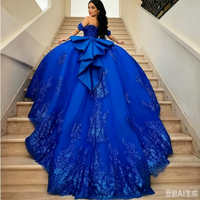 Robe de Quinceañera bleu roi Sweetheart avec nœud, appliques en dentelle brillante, Vestidos de 15 Anos, épaules dénudées, personnalisable