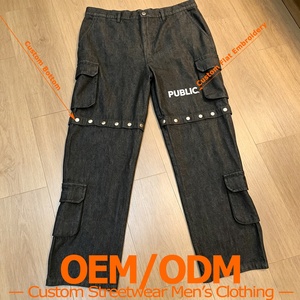Clothes Manufacturer Custom Flat Embroidery Multi-Pocket Cotton Button Pants Straight Leg Heavyweight Baggy Cargo Men's Jeans - Product Image 1