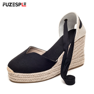 Espadrilles compensées antidérapantes en toile pour <span class=keywords><strong>femme</strong></span>, à bout fermé et lacets, hauteur rehaussée de 10 cm, pour sandales d'été en extérieur - Product Image 4