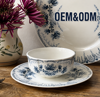 Service de vaisselle vintage en porcelaine bleue à motif végétal, assiettes rondes rétro à fleurs, compatibles micro-ondes, pour mariage et maison