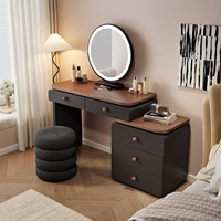 Coiffeuse moderne style crème extensible avec meuble de rangement, miroir LED et éclairage réglable 3 couleurs, finition noyer, pour chambre à coucher