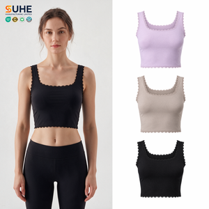 SUHE Women's Lace Trim Square Neck Crop <b>Tank</b> <b>Top</b> Solid Color Breathable Spandex Cotton Yoga <b>Top</b> - Product Image 1