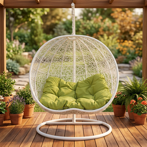 Modern White Wicker Hanging Egg Chair with Green <b>Cushion</b> and Metal Stand for Outdoor Patio and <b>Garden</b> - Product Image 2