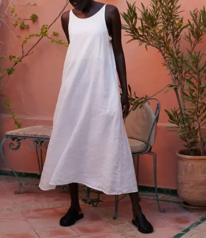 summer tie shoulder elegant simple premium cotton linen viscose printed fabric woman blend midi dress girls sleeve less