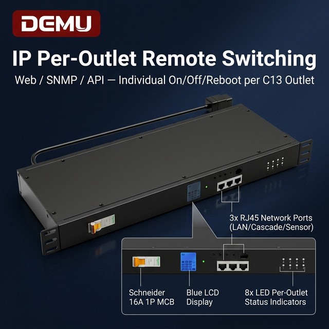 1U Smart PDU 8 Port IEC C13 Locking Outlet IP Individual Switching 16A C20 Input Ready