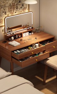Table de maquillage en bois massif de style américain avec miroir, coiffeuse intégrée pour chambre à coucher, petite console moderne avec rangement - Product Image 6