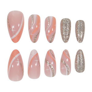 24 Uds patrón de ataúd de almendra puntas de uñas postizas francesas Material ABS suave <span class=keywords><strong>y</strong></span> cómodo <span class=keywords><strong>manicura</strong></span> a presión en plata <span class=keywords><strong>y</strong></span> brillo <span class=keywords><strong>dorado</strong></span> - Product Image 2