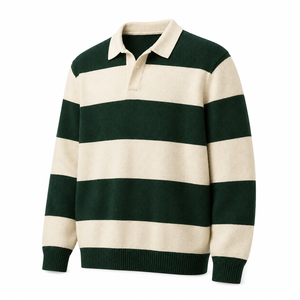 Pull en tricot style maillot de rugby unisexe à rayures côtelées à manches longues, pull d'ambiance d'équipe - Product Image 4