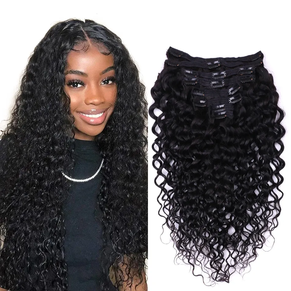 Natural Black Water Wave Clip In Human Hair Extensions 8Pc/Set 120G Curly Remy Virgin Clip in Hair For Black Women