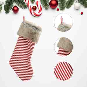 Chaussette de Noël personnalisée en fausse fourrure brodée de qualité supérieure avec pompon, rayures rouges, idéale pour un cadeau - Product Image 5
