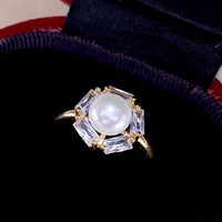 Bague en perle d'eau douce naturelle en zircon blanc cubique brillant pour femme 18K plaqué PVD doré 10-11mm bijoux Big Peal