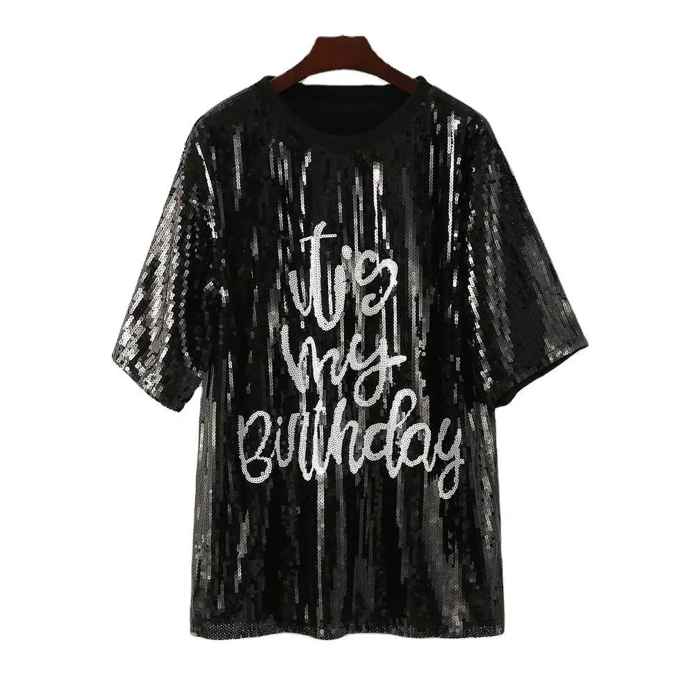 Oversize Style Women Casual Fashion Bling long T-Shirts Girl's Sexy Loose Short Sleeve Birthday Sequins T Shirt dress