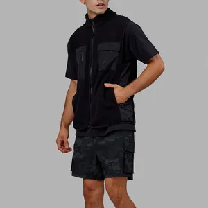 Fashion Varsity Full Zip Jacket Men Pockets Cargo Fleece Vest Men High Street Style