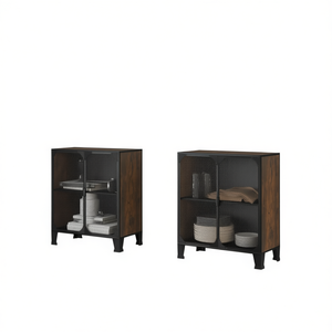 Mobiletto Rustico Marrone 28.3x14.2x32.3 in Metallo e MDF per Soggiorno, 2 Scomparti, 2 Ripiani, Anta a Lastra - Product Image 1