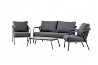 Ensemble de canapés d'extérieur contemporains 4 places avec structure en acier, coussins imperméables et plateau de table en verre, mobilier d'extérieur éco-responsable