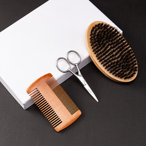 Wanmei Beard Care 3-Piece Set Wood Brush Double-Sided Comb <b>Shaving</b> Scissors For Men Grooming <b>Kit</b> Natural Look - Product Image 1