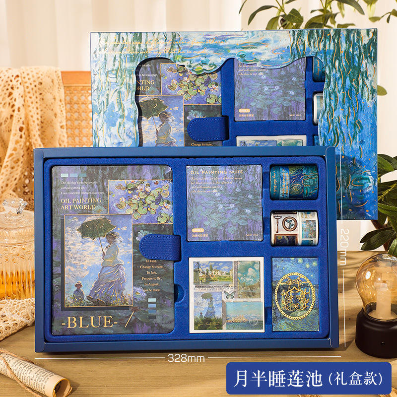 กล่องของขวัญภาพเขียนสีน้ำมันรูปบ่อน้ำดอกบัวพระจันทร์ครึ่งเสี้ยว