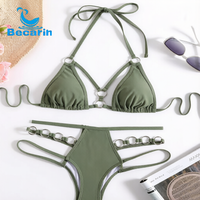 Maßgefertigter Metallring-Ausschnitt Bikini Damen Neckholder Cut-Out Zweiteiliger Badeanzug Hochelastischer Weicher Stoff Damen-Bikini-Sets